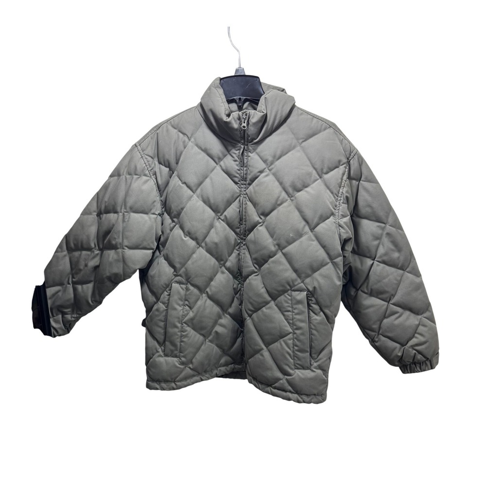 Eddie Bauer Y2K Womens L Goose Down Puffer Jacket Diamond Quilt Gray Green Zip